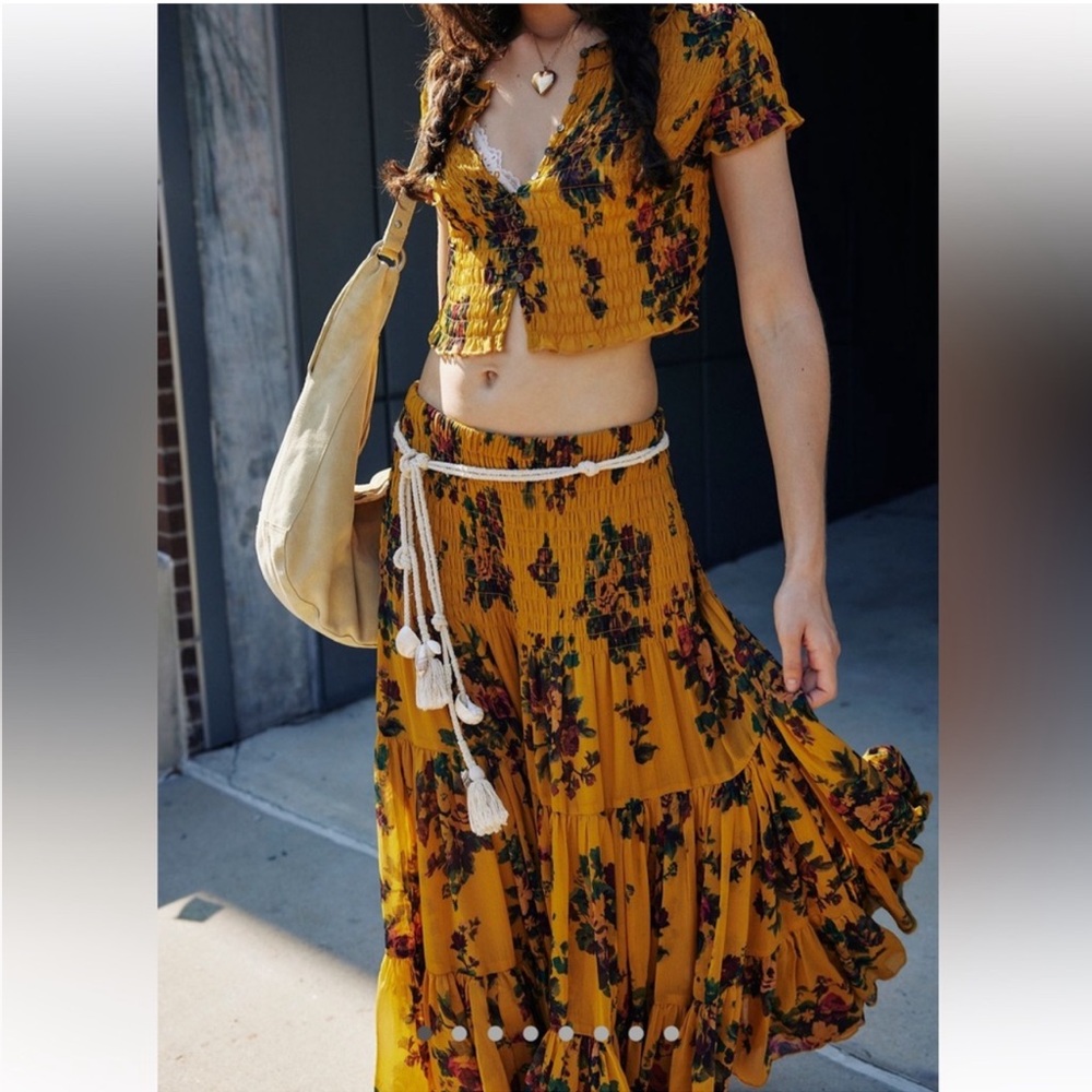 Free People Blooming Romance Goldenrod Top & Skirt Combo